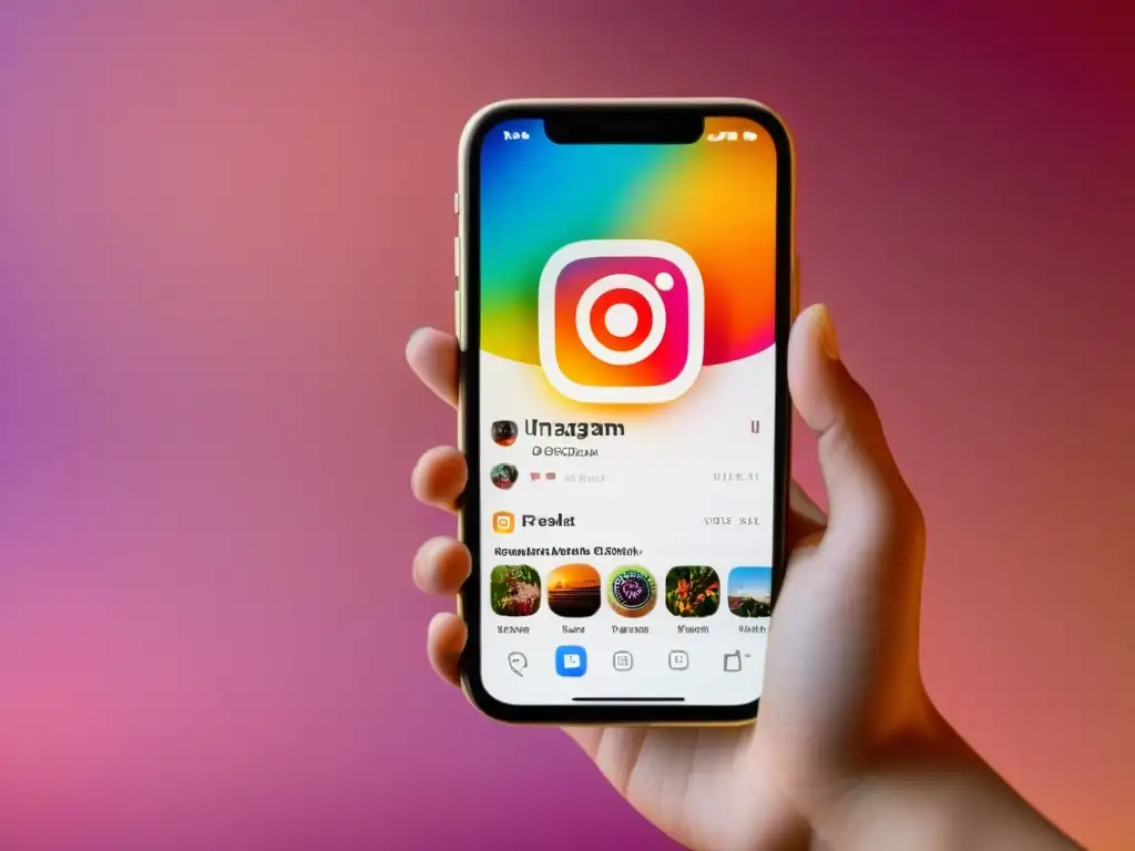 Una mano sostiene un smartphone con la app de Instagram abierta, mostrando un feed cuidadosamente curado de contenido original