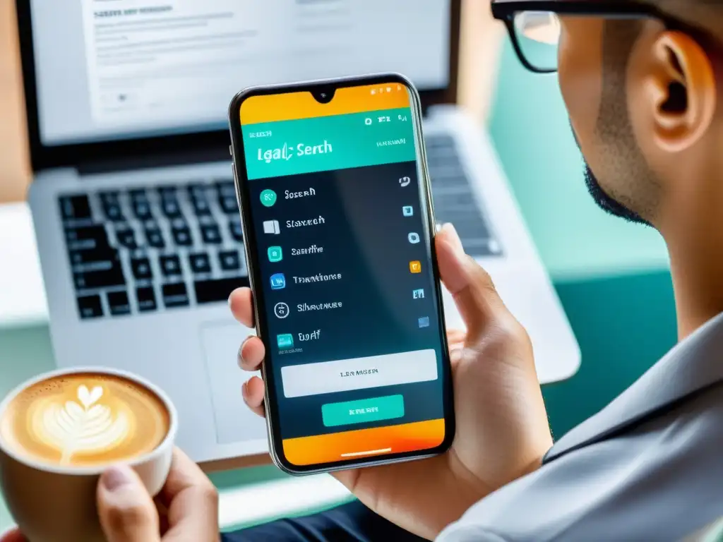 Mano usando smartphone para búsqueda de antecedentes de marcas en pantalla de alta resolución, en un entorno profesional con documentos legales y café