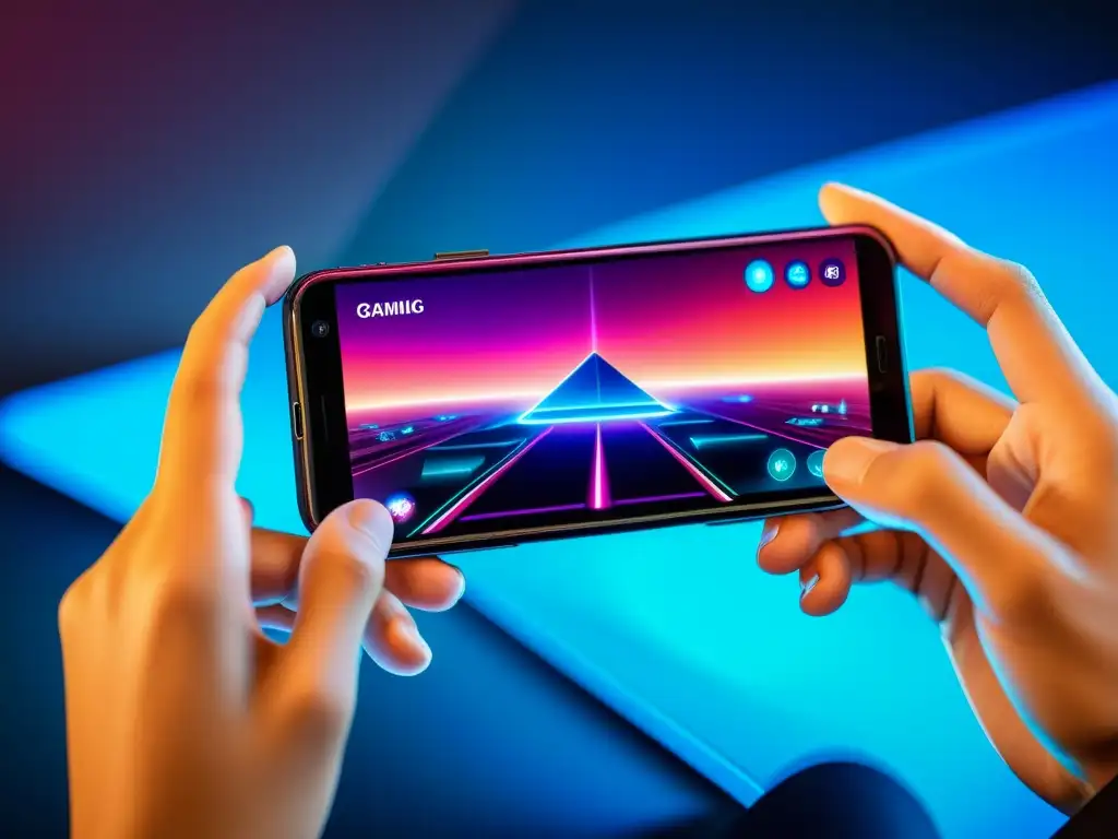 Una mano sostiene un smartphone futurista con diseño metálico, pantalla vibrante de juego