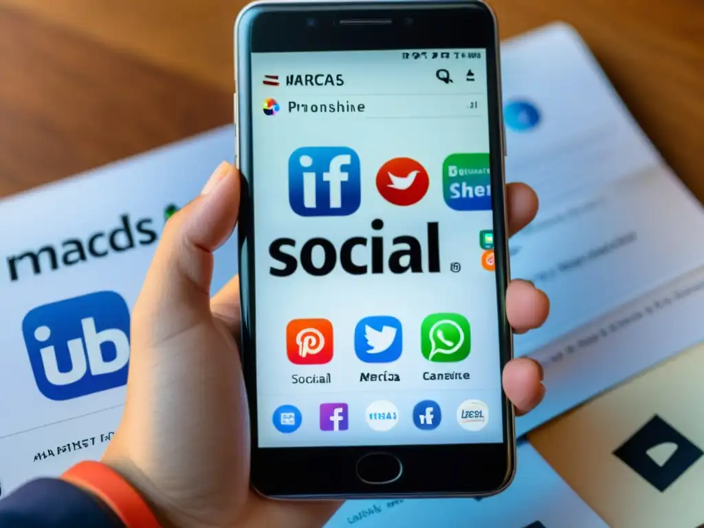 Mano sostiene smartphone con logos de redes sociales y documento legal con 'Marcas'