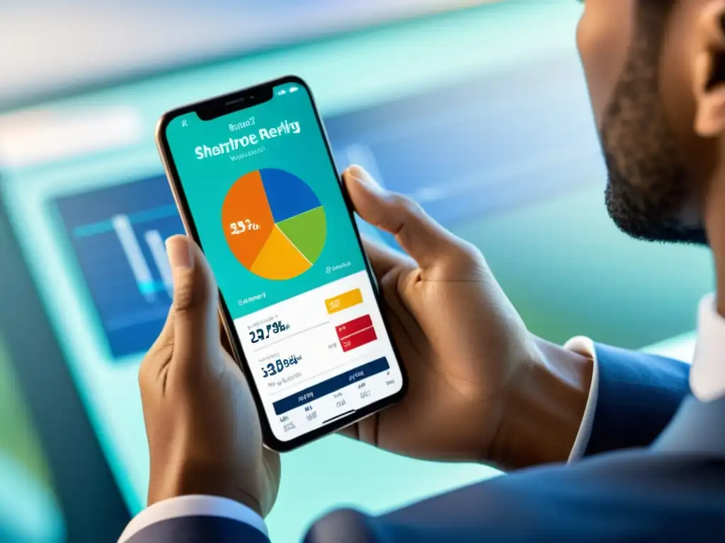 Mano con smartphone muestra exitosa recuperación digital Mano sostiene smartphone con dashboard de marketing digital