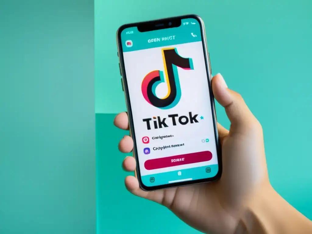 Mano sosteniendo smartphone con la app TikTok abierta, mostrando gestión de derechos de autor para influencers