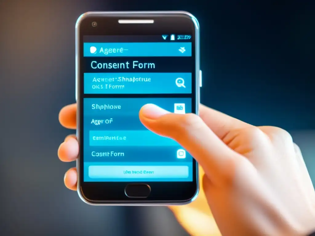 Mano sosteniendo smartphone transparente con formulario de consentimiento digital