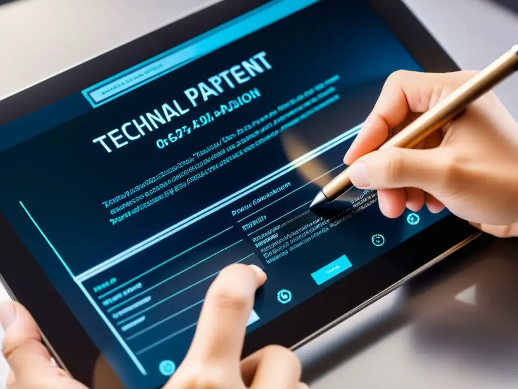 Mano redactando solicitudes de patentes tecnológicas efectivas en tablet moderna