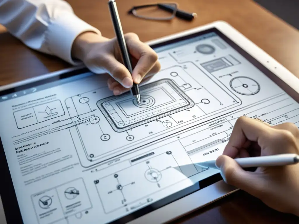 Mano usando tableta digital para diseñar patente, rodeada de tecnología