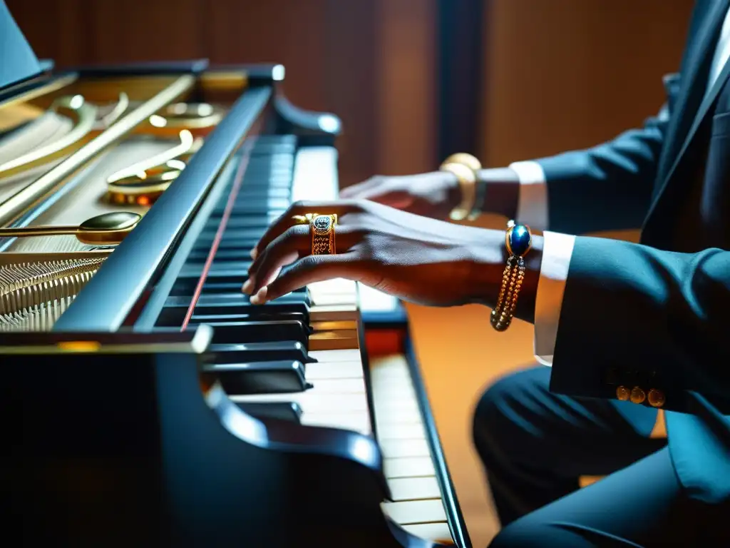 Dos manos adornadas con anillos y pulseras tocan un piano de cola, creando música con pasión