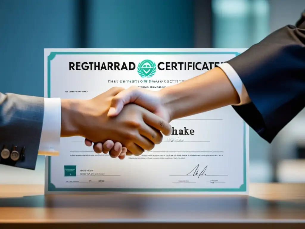Disputas de marcas: Registro vs Uso Dos manos se estrechan, una sostiene un certificado de registro de marca y la otra un producto con un logo destacado