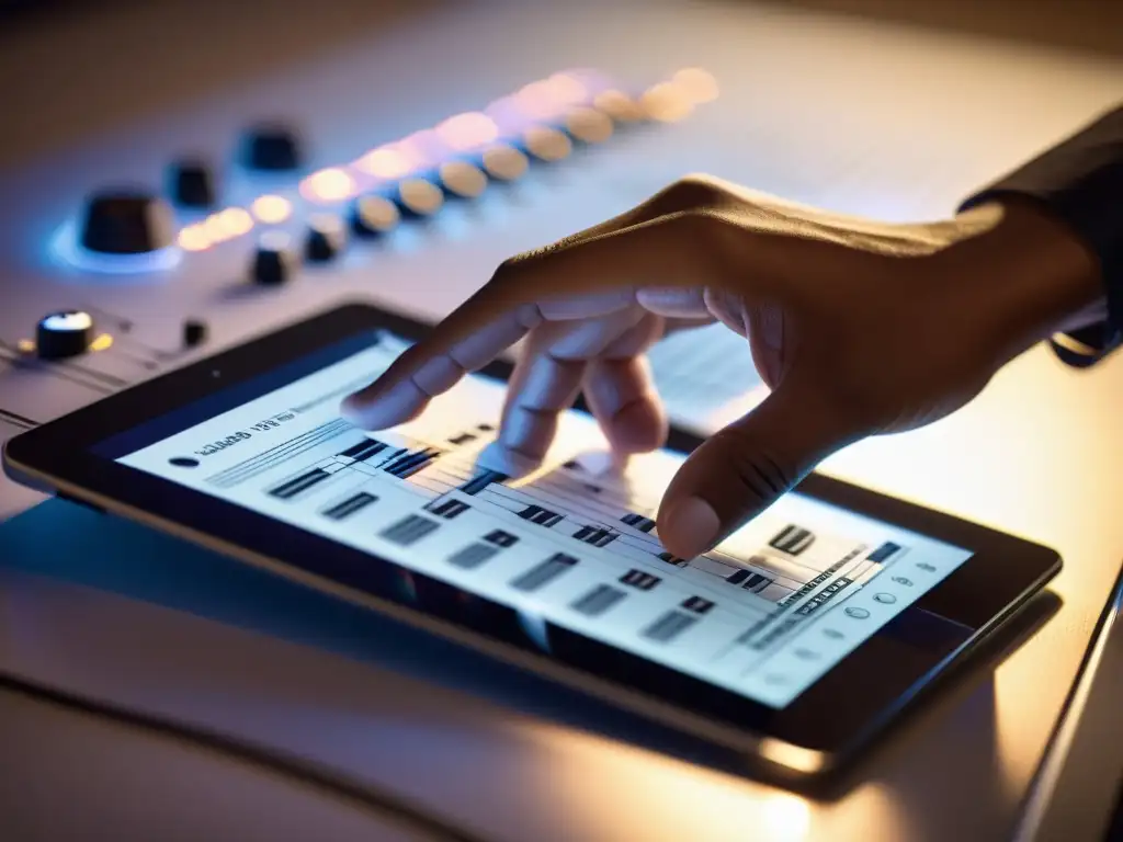 Las manos de un compositor colocan partituras en una tableta digital elegante, fusionando tradición y tecnología