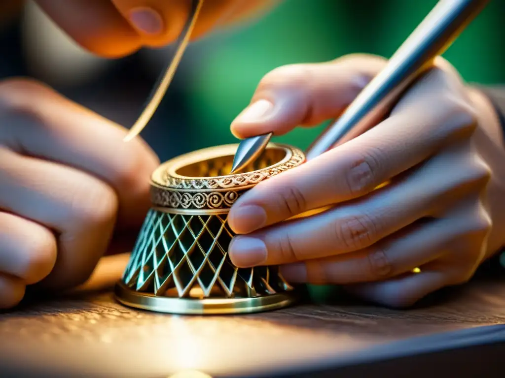 Manos de diseñador creando joyas con precisión y detalle, resaltando la artesanía