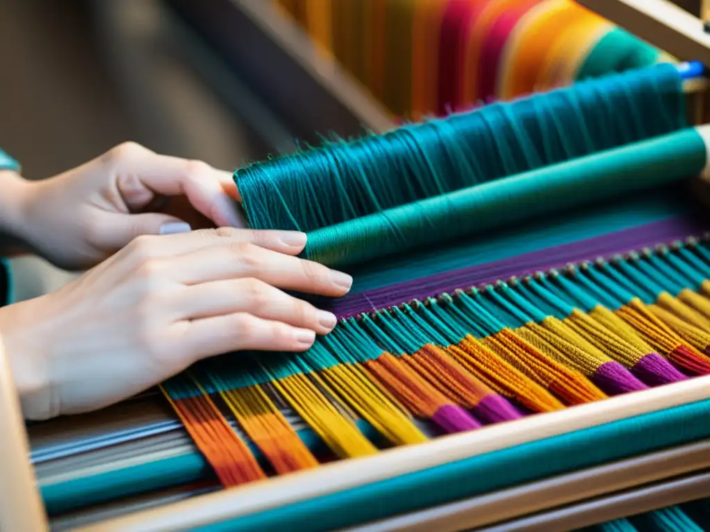 Las manos de un diseñador de moda tejen con pasión hilos coloridos en un telar, capturando la esencia de los derechos de autor en moda