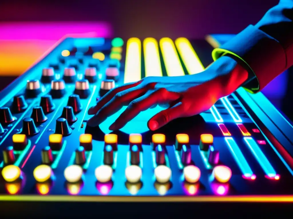 Las manos del DJ dan vida a la música electrónica en un mezclador moderno