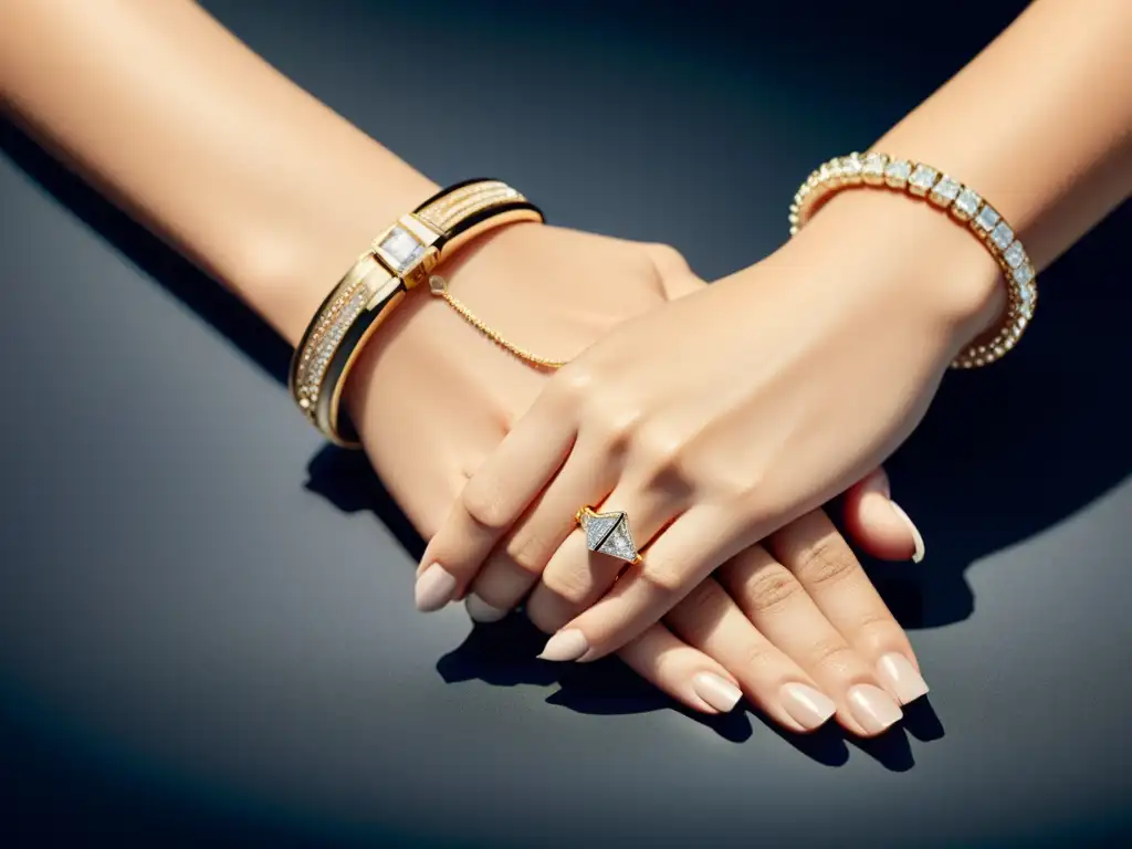 Dos manos unidas lucen elegantes joyas modernas, en un fondo minimalista