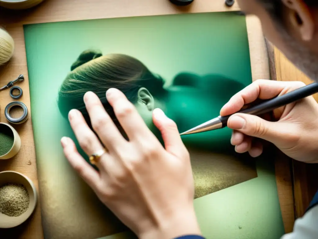 Dos manos expertas restauran una fotografía sepia, revelando colores vibrantes