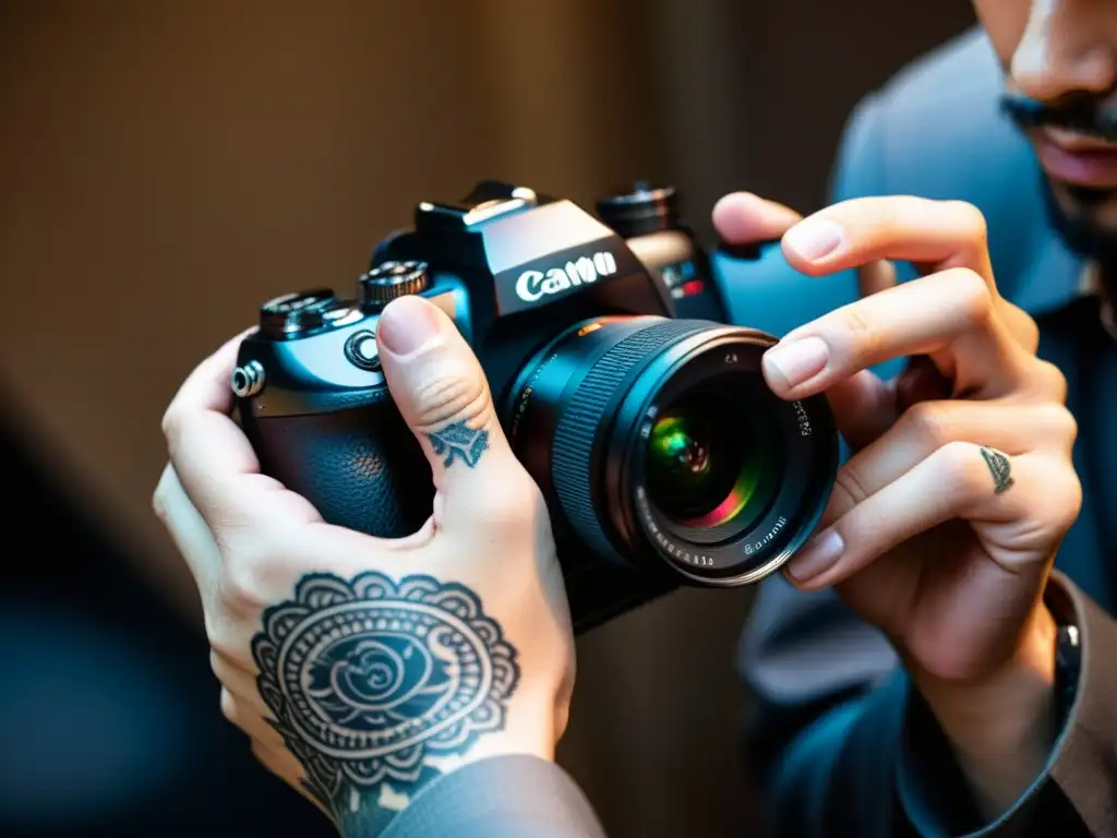 Manos de fotógrafo ajustando cámara de alta gama con tatuajes detallados