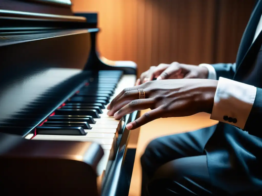 Manos hábiles de pianista tocando un piano de cola, destacando la elegancia y el contraste entre la madera oscura y las manos bien cuidadas