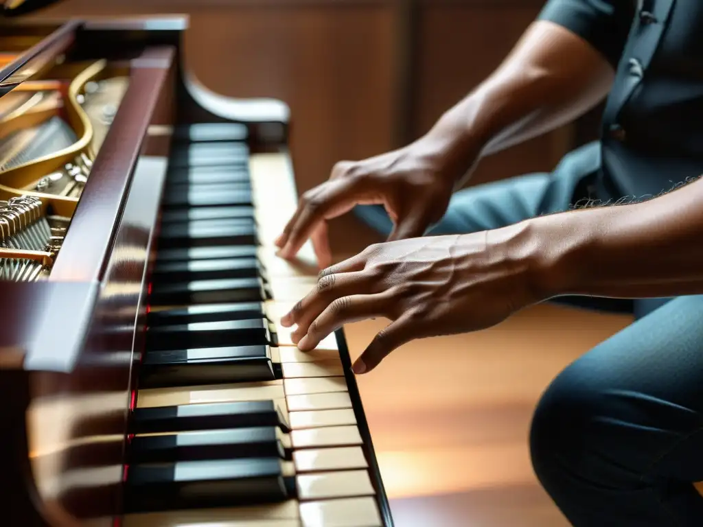 Manos hábiles tocan un piano de cola, transmitiendo emoción y destreza