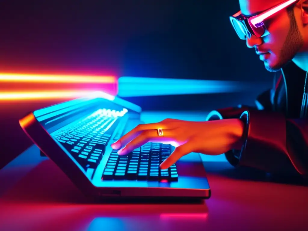 Manos de hacker escribiendo en teclado con código reflejado en gafas, símbolo de candado digital flotando