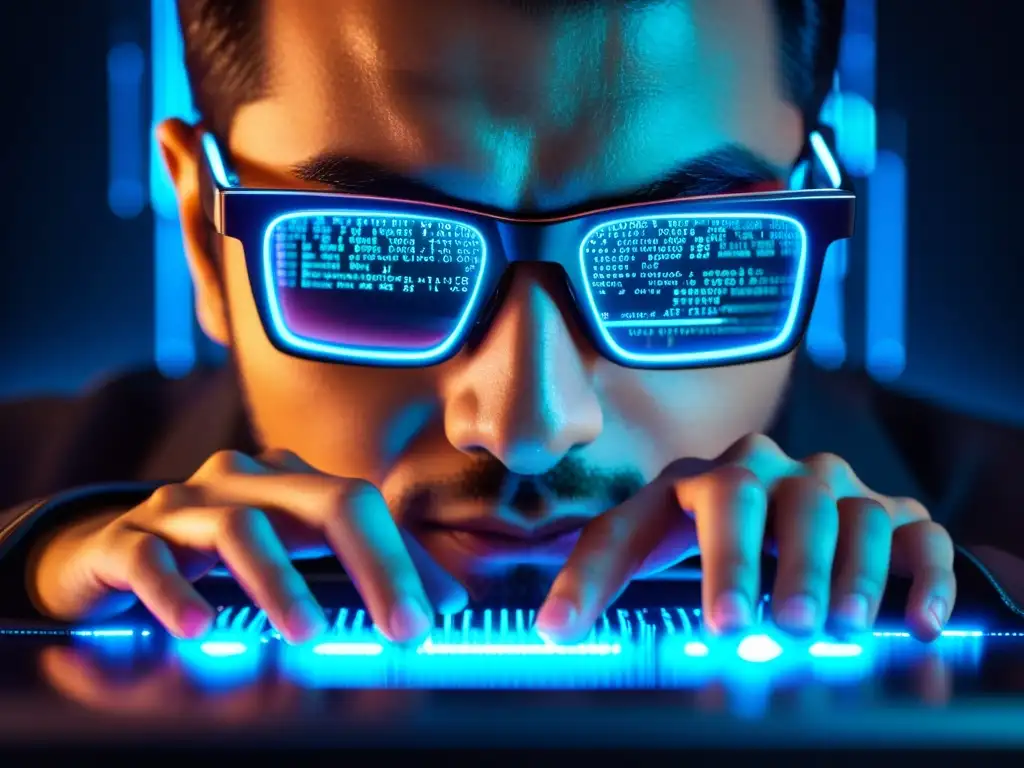 Manos de hacker tecleando en un teclado futurista, reflejando código en sus lentes