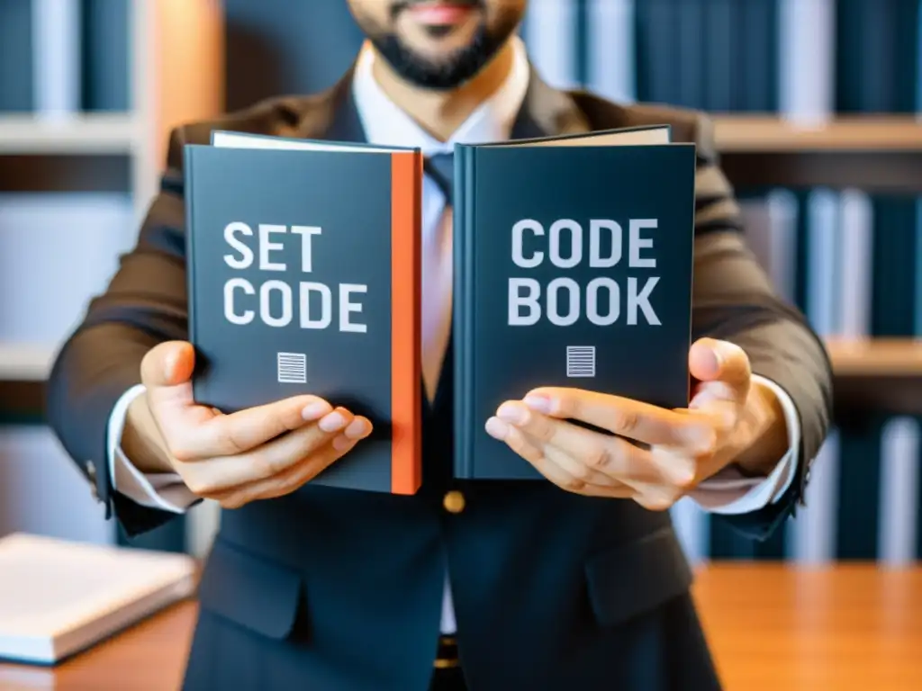 Manos sostienen libros de código abierto entre documentos legales en un entorno profesional, representando las implicaciones legales del forking en la comunidad de código abierto