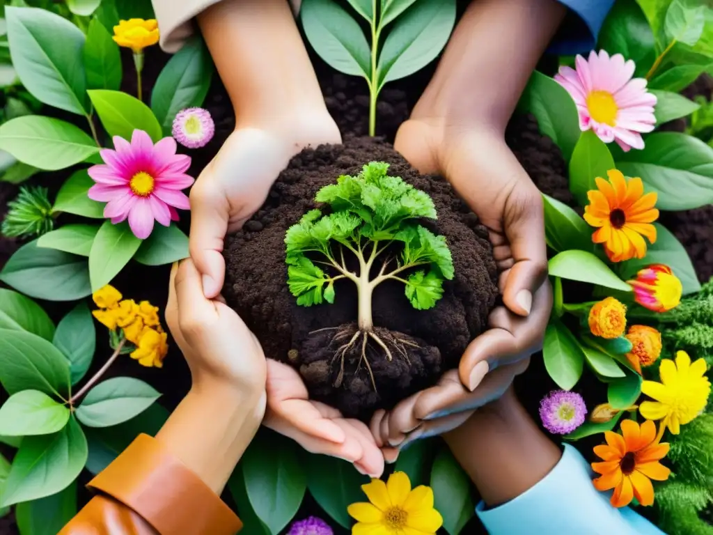 Unión de manos multiculturales plantando árbol en tierra fértil, rodeadas de vegetación y flores