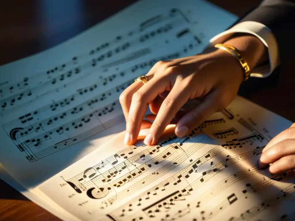 Las manos de un músico adornadas con elegantes anillos, creando arreglos musicales en partituras, con luz natural suave