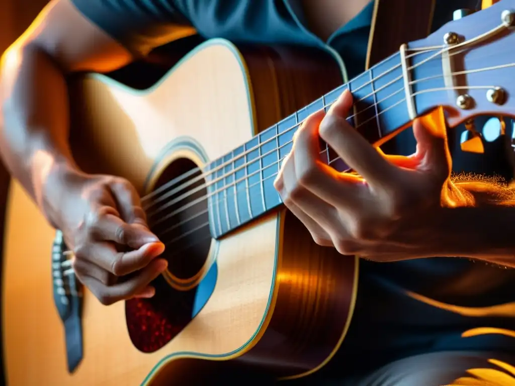Las manos de un músico experto tocando una guitarra, bañadas en cálida luz dramática