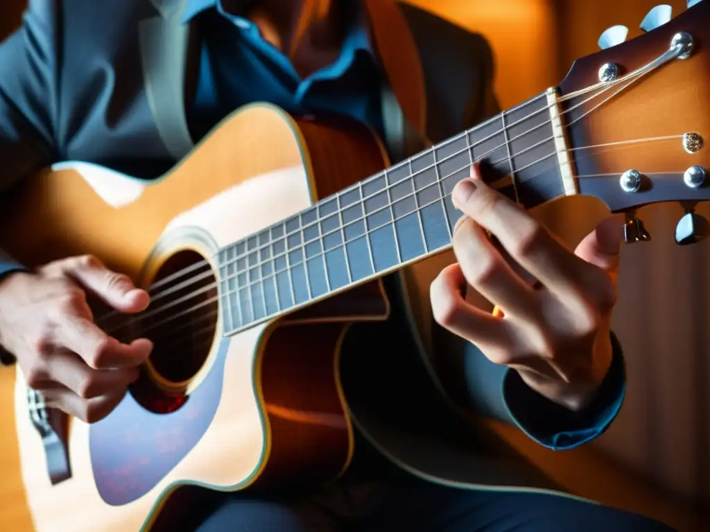 Las manos de un músico tocando la guitarra con pasión y destreza bajo cálida luz de escenario