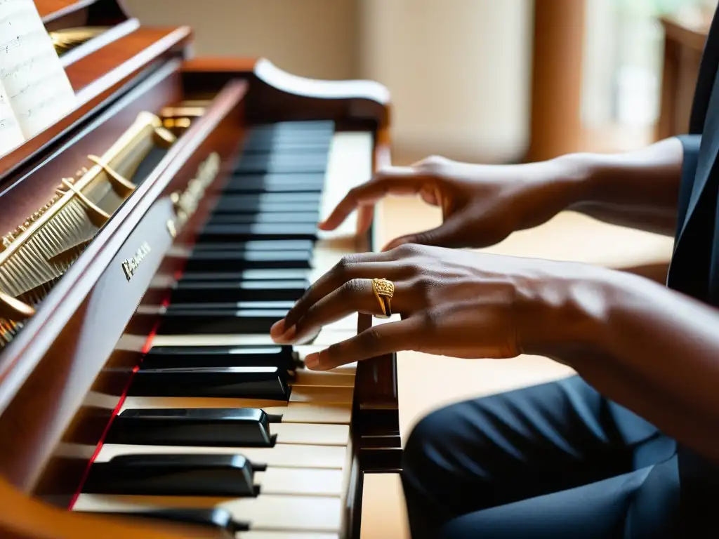 Las manos de un músico crean música en un hermoso piano de cola, protegiendo la autoría de sus composiciones musicales