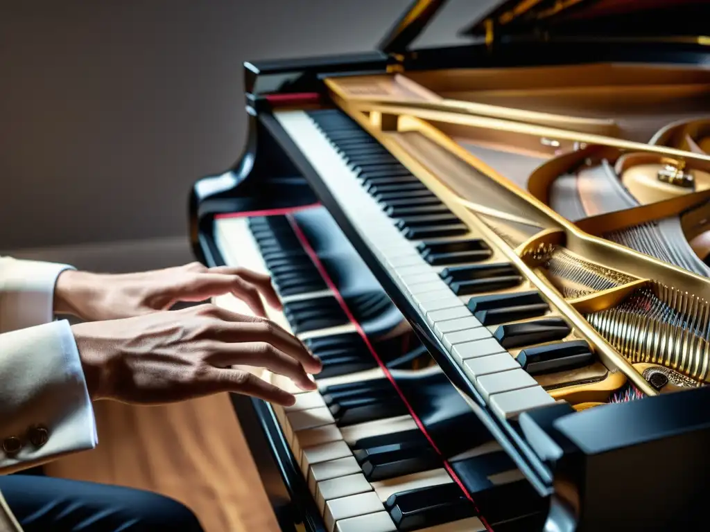 Manos del músico tocando un piano de cola, mostrando destreza y emoción