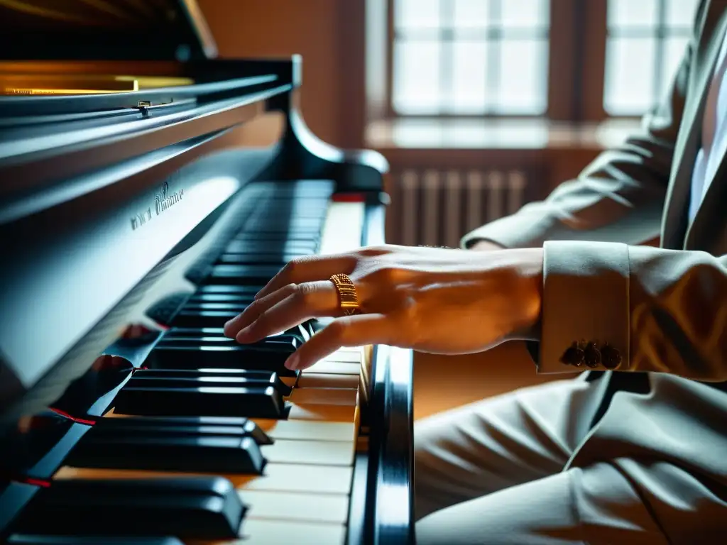 Manos de músico tocando un piano de cola, transmitiendo pasión y creatividad en la composición musical