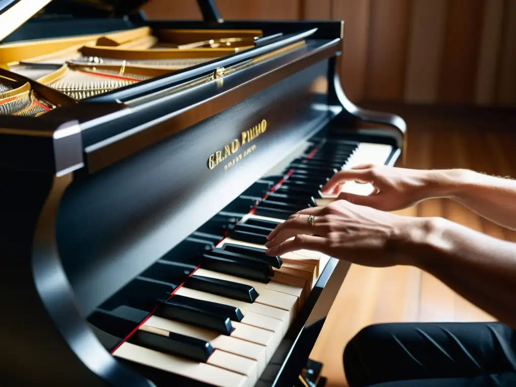 Las manos de un músico tocando un piano de cola, mostrando la expresión y detalle de los movimientos