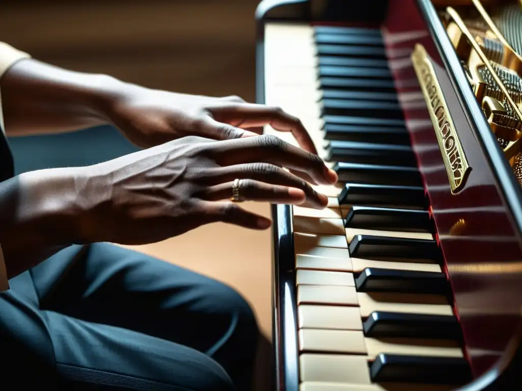 Las manos de un músico interpretando el piano, con expresión y destreza