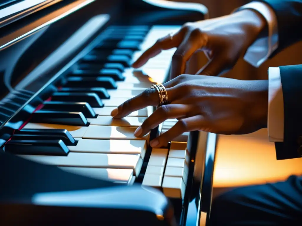 Manos tocando el piano con destreza, reflejo de las teclas en movimiento