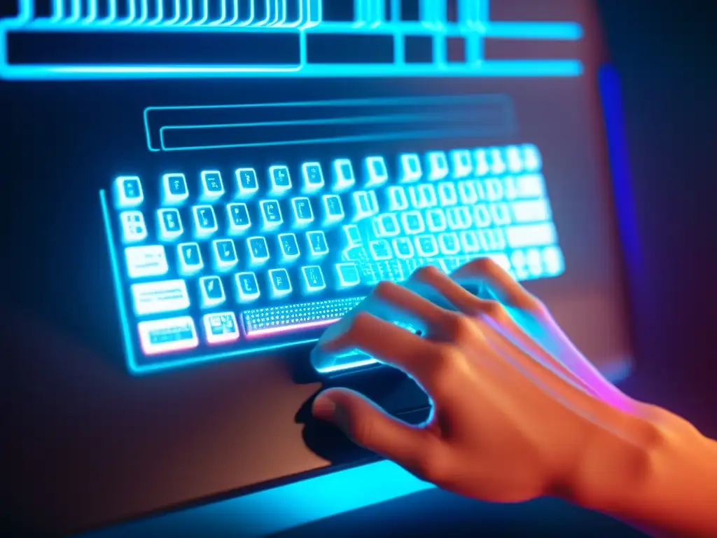 Las manos de un programador tecleando en un teclado iluminado con código holográfico