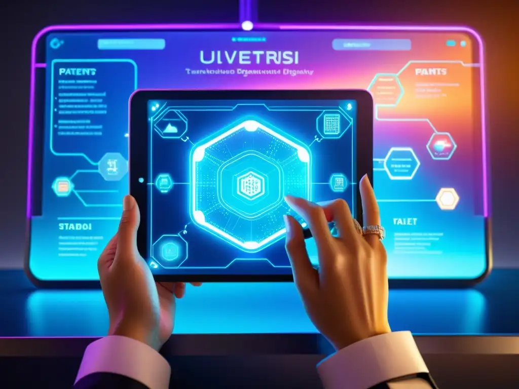 Manos operando tablet transparente futurista con red de patentes y diagramas tecnológicos en colores vibrantes