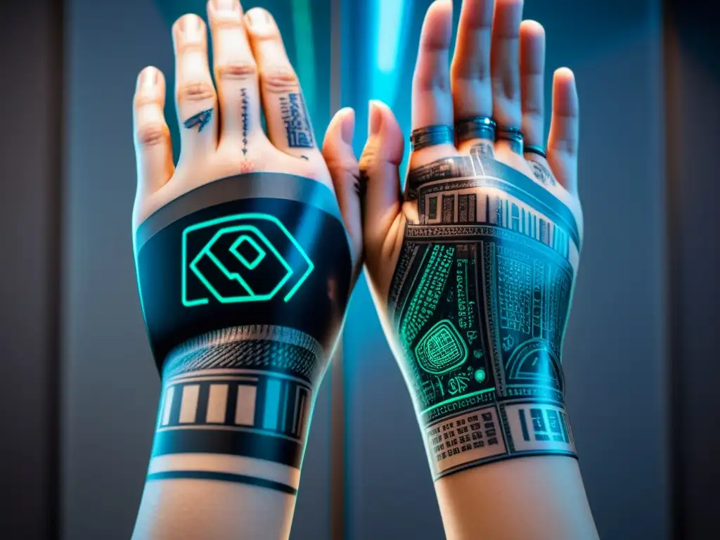 Manos unidas con tatuajes de documentos y dibujos técnicos, rodeadas de hologramas futuristas