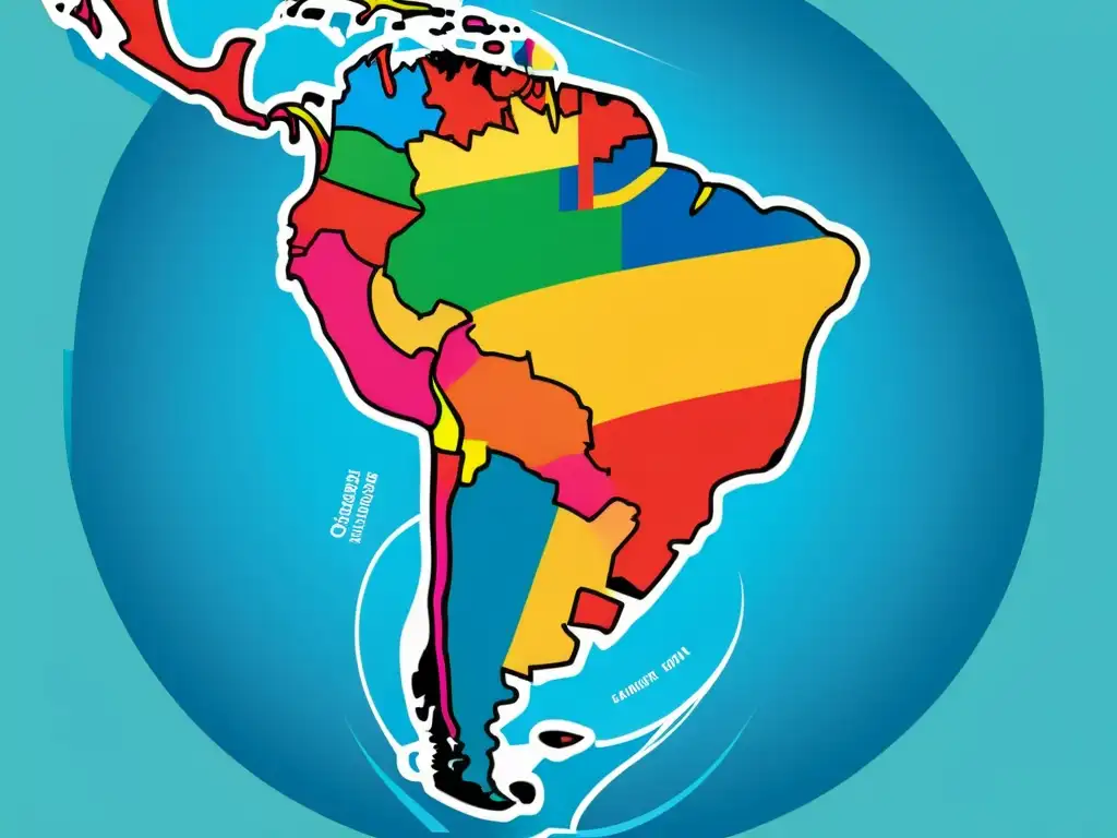 Un mapa detallado de América Latina ilustra las leyes autorales y la influencia de la Convención de Berna en leyes autorales latinoamericanas, con colores vibrantes y símbolos