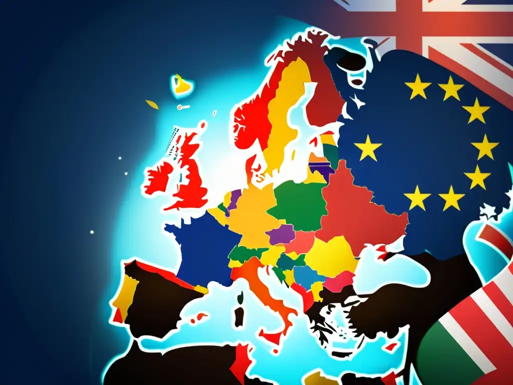 Mapa detallado de Europa con Reino Unido y UE resaltados, rodeado de marcas comerciales entrelazadas, simbolizando el impacto del Brexit en marcas registradas y estrategia de negocios