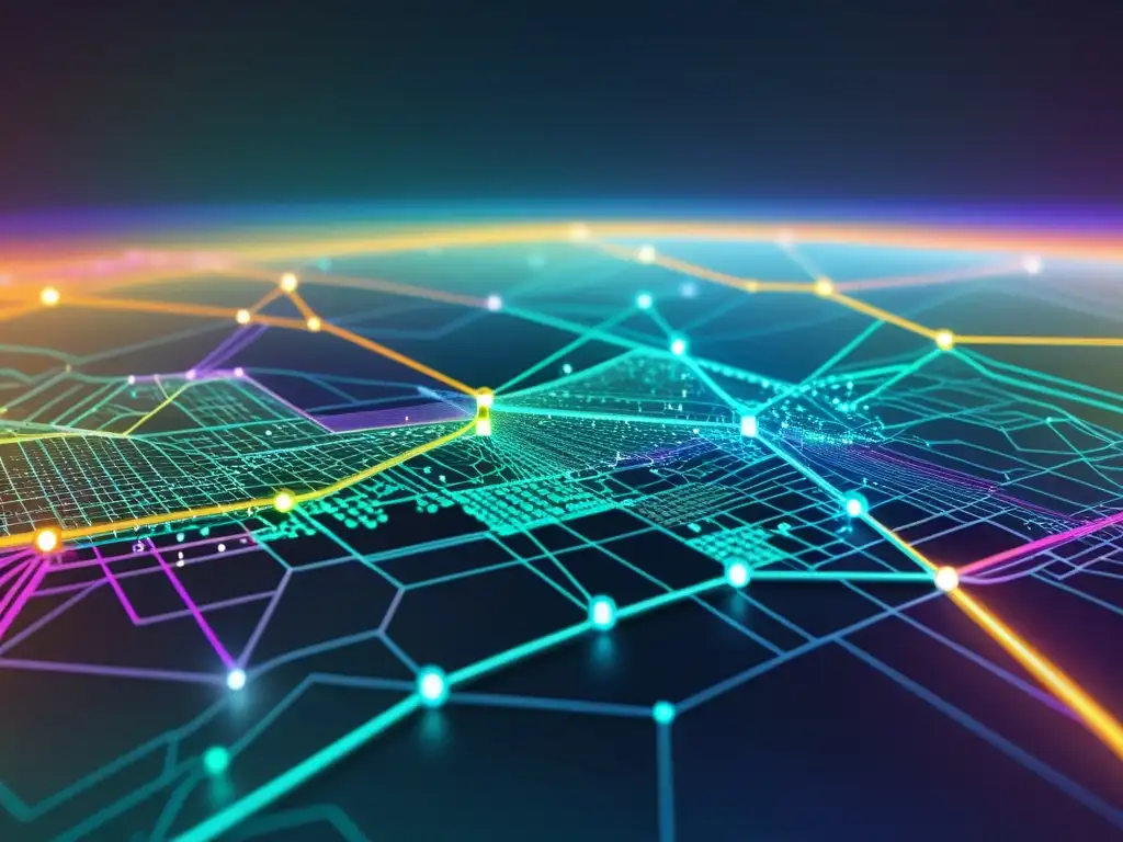 Un mapa digital detallado con líneas y puntos, conectando bases de datos geográficas