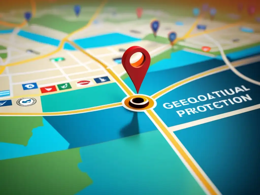 Mapa digital con marcas y geolocalización, simbolizando protección propiedad intelectual y marcas