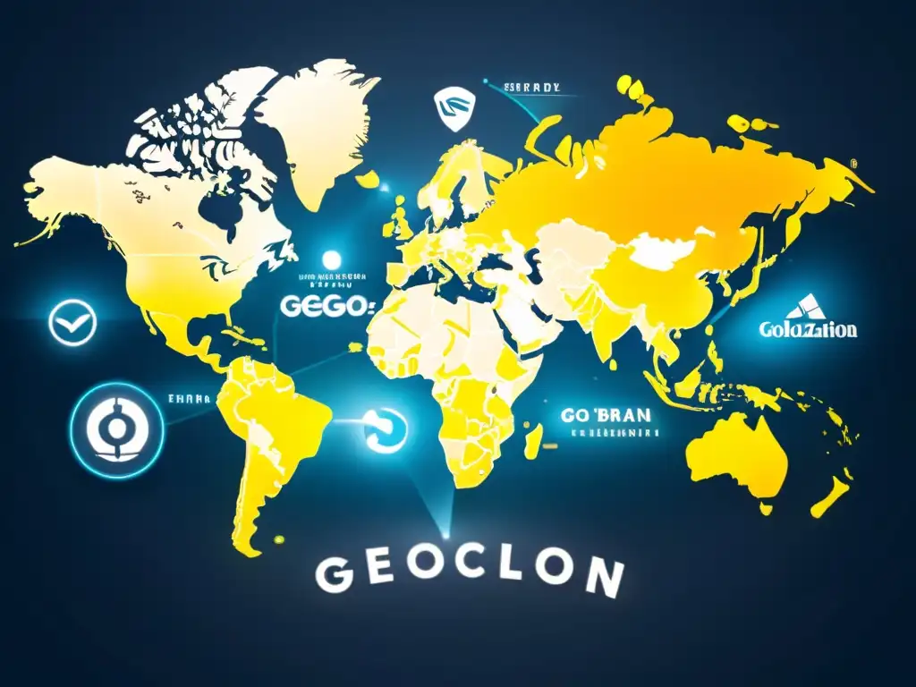 Un mapa digital moderno con logotipos de marcas superpuestos, mostrando la intersección entre la geolocalización y la propiedad intelectual