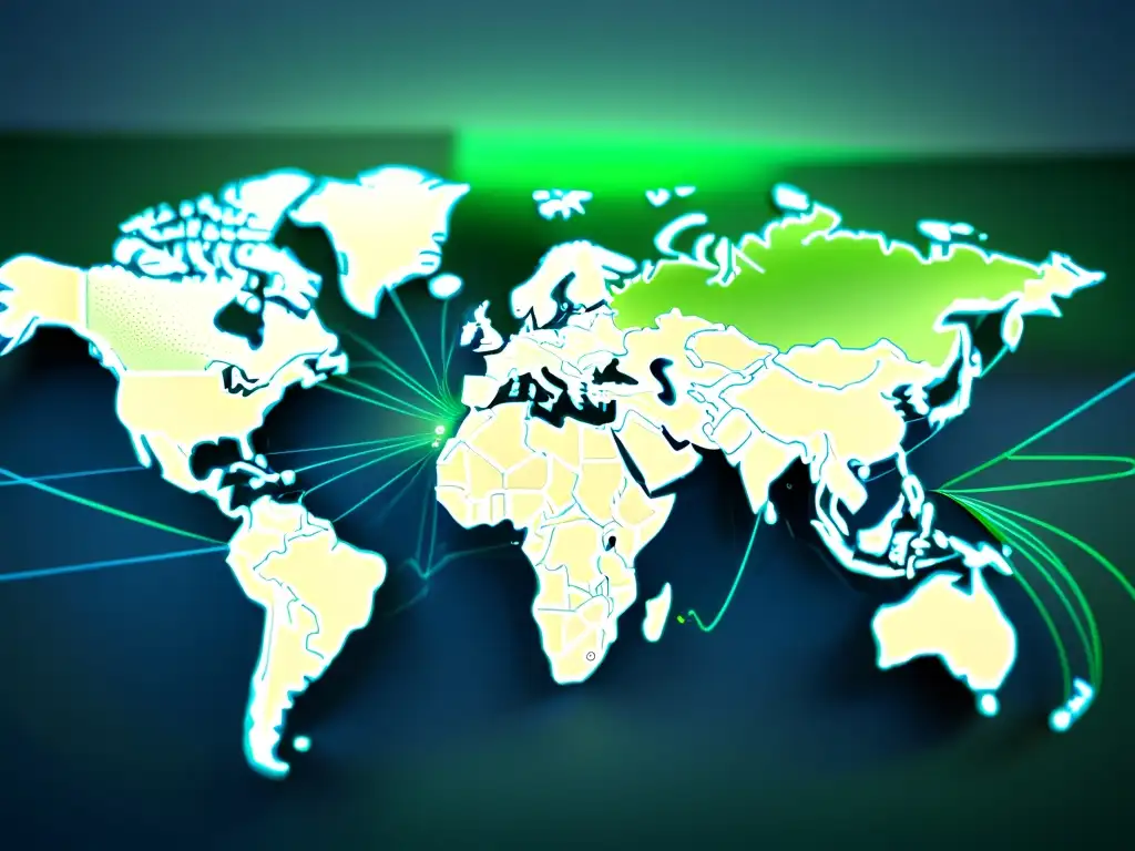 Un mapa digital moderno con nodos interconectados y flujos de datos, simbolizando las implicaciones legales y tecnológicas de los acuerdos de no divulgación en la era digital