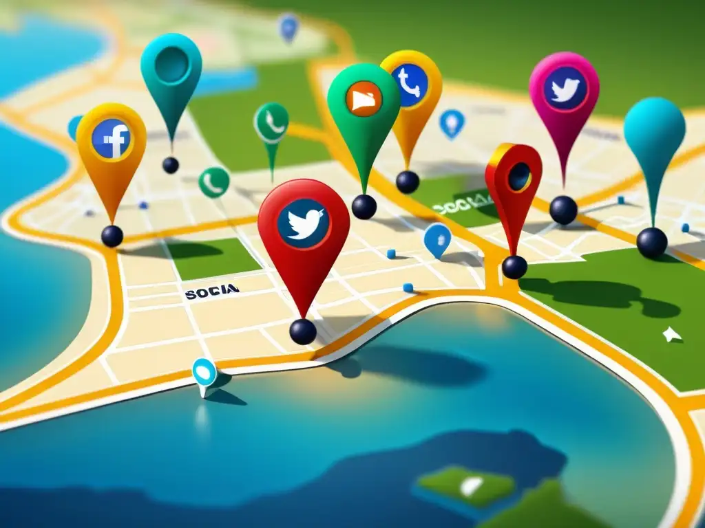Mapa digital con pins de geolocalización y redes sociales, conectando la identidad de marca