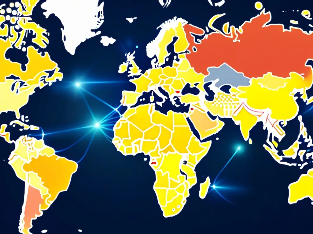 Mapa global con conexiones de red, representando el impacto de las leyes de copyright en la distribución de videojuegos a nivel internacional