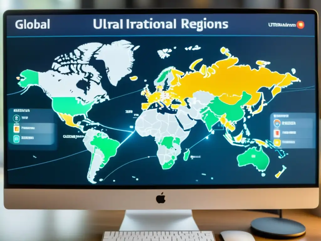 Un mapa global detallado resaltando bases de datos de marcas, rodeado de pantallas mostrando resultados de búsqueda de marcas internacionales