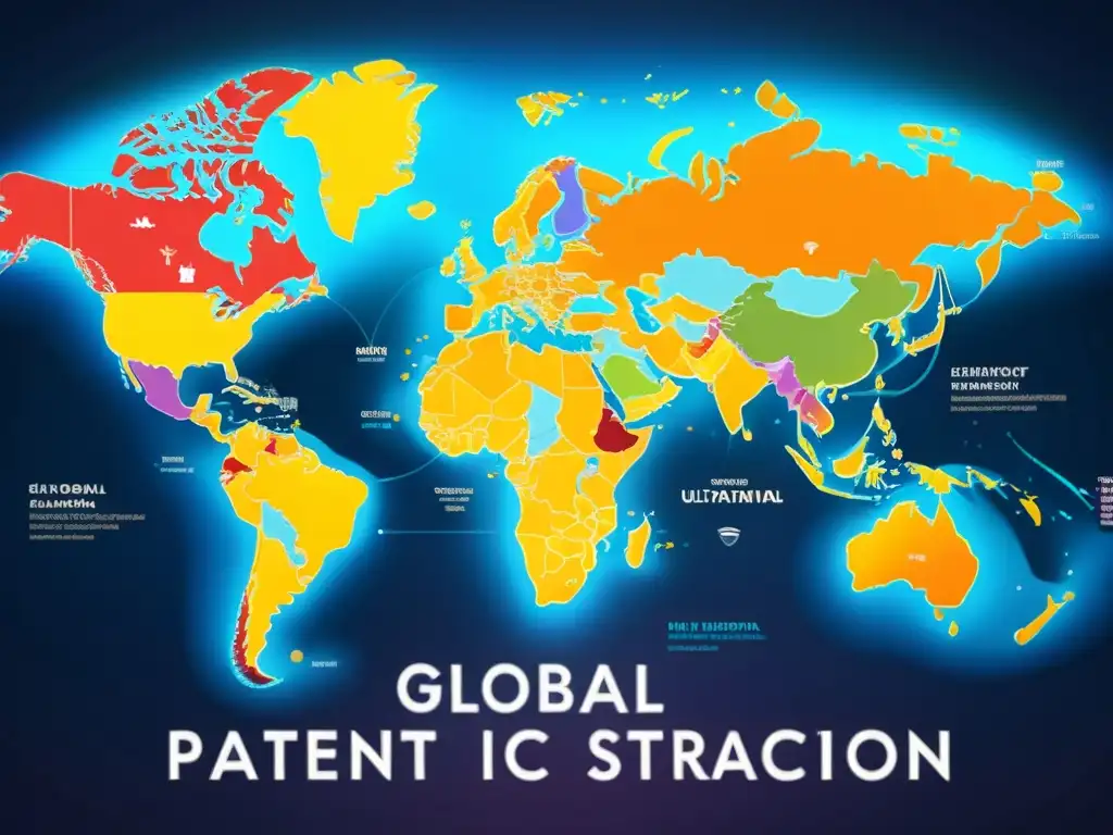 Mapa global detallado 8k con jurisdicciones resaltadas en colores vibrantes, símbolos de patentes y iconos legales, reflejando estrategias defensa patentes jurisdicciones internacionales