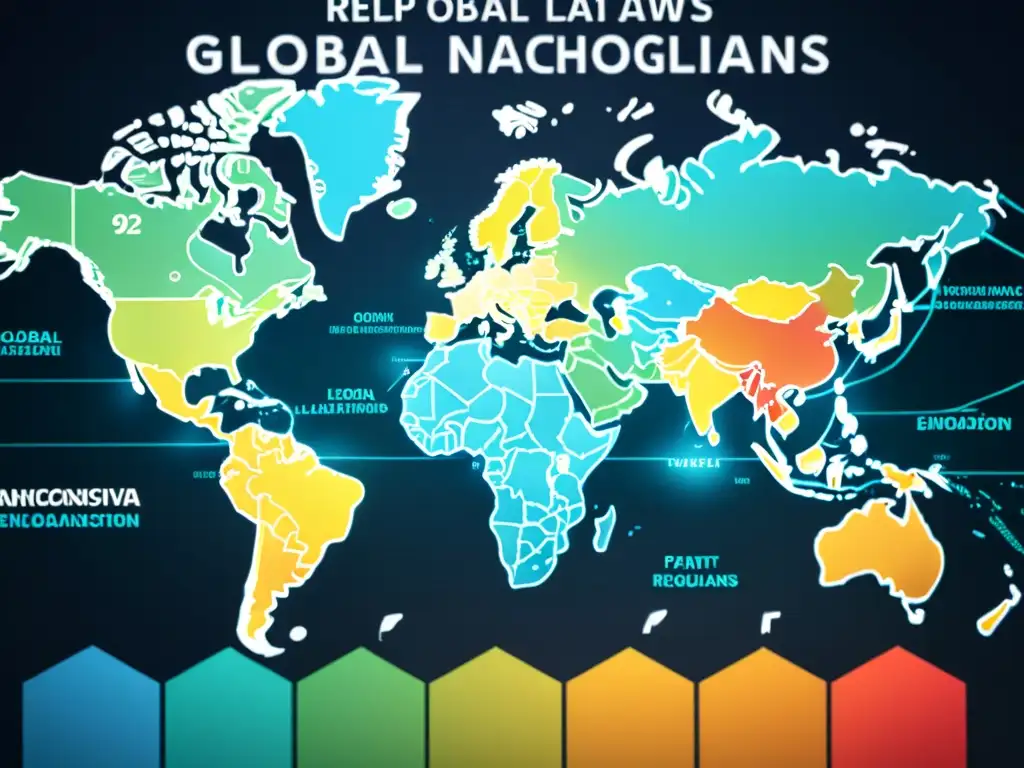 Mapa global detallado en 8k resaltando la legislación de patentes de nanotecnología en diferentes regiones del mundo
