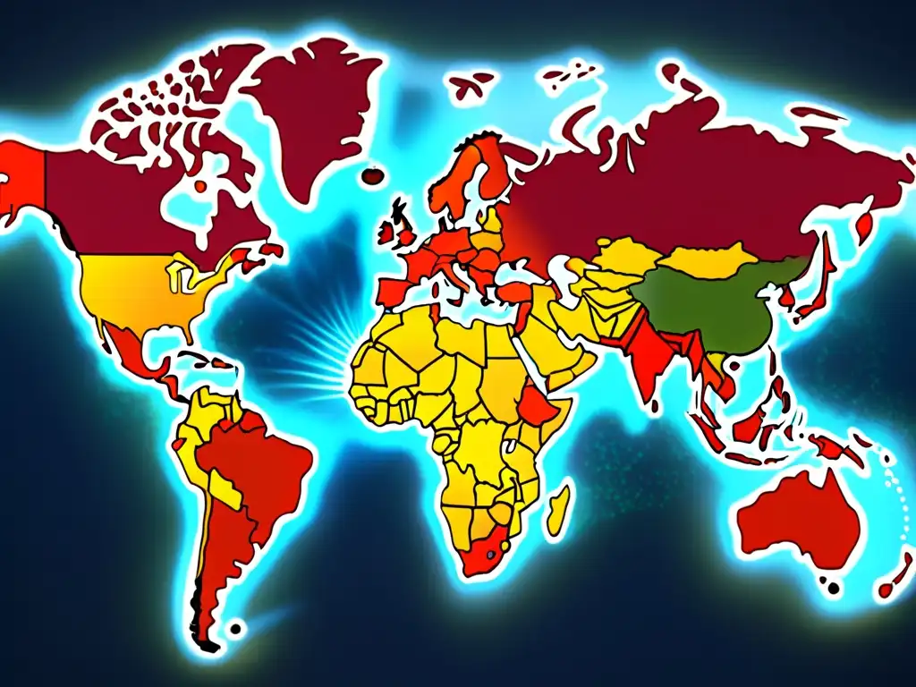 Mapa global detallado con líneas y nodos interconectados, simbolizando la armonización de la protección de la propiedad intelectual a nivel mundial