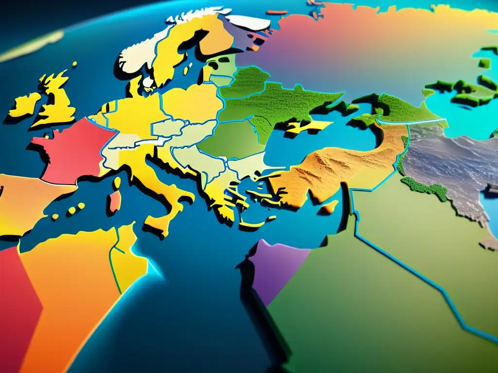 Mapa global detallado en 8k con marcas de colores vibrantes, representando la vigilancia de marcas global de forma profesional y moderna