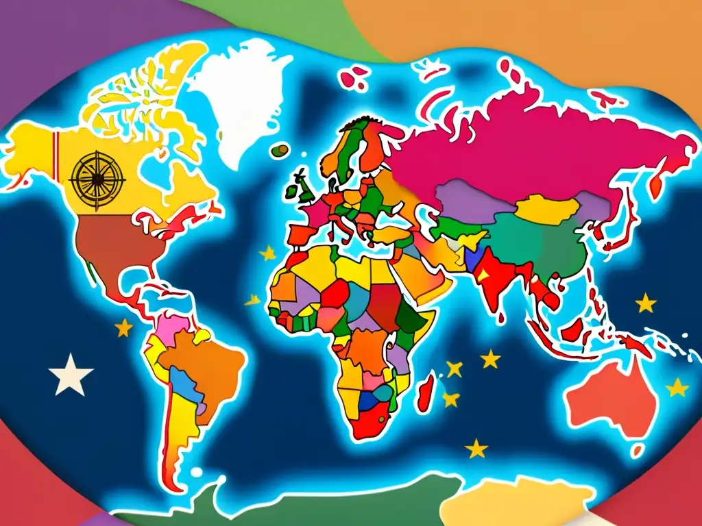 Mapa global detallado con símbolos culturales e iconos de propiedad intelectual, capturando la complejidad de las consideraciones de propiedad intelectual en la exportación de productos culturales